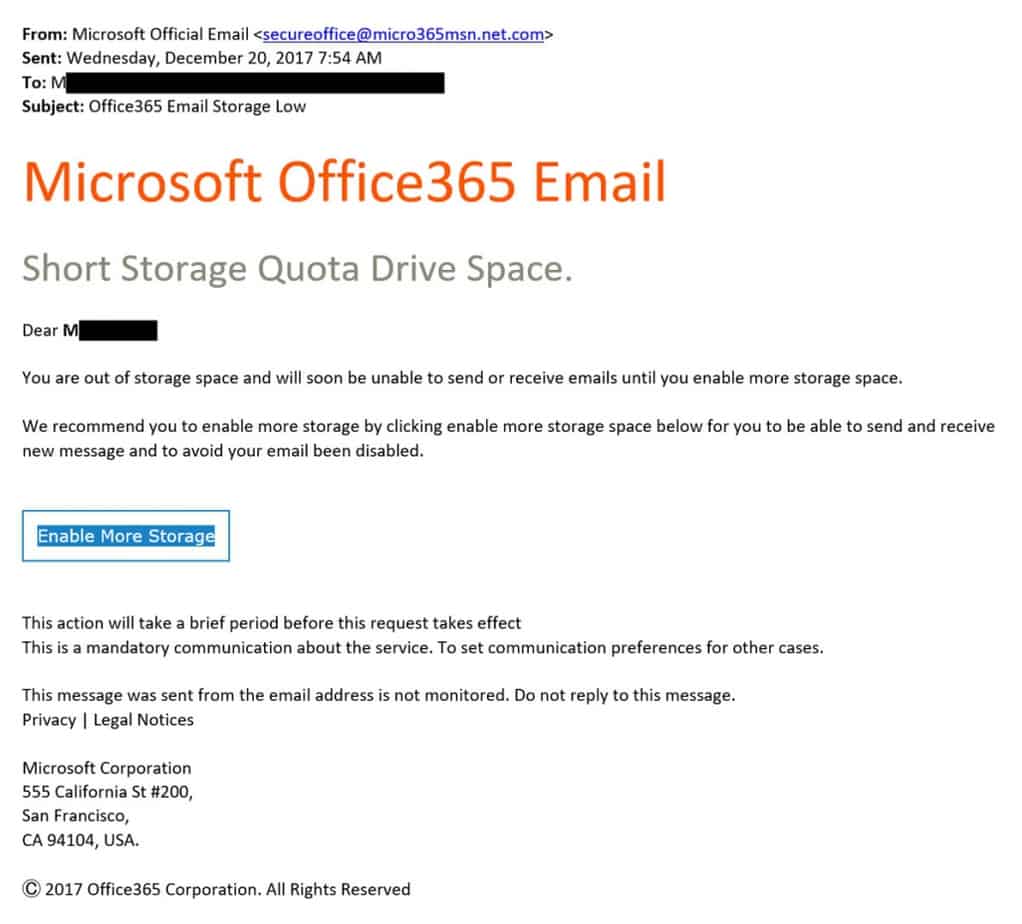 Office365 phishing email example screenshot