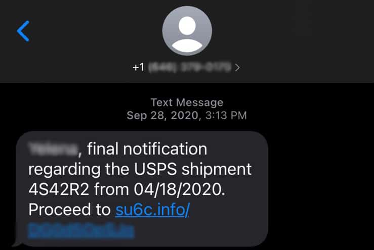 screenshot of scam text