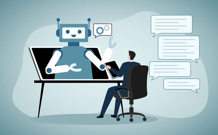 illustration of employee collaborating with chatbot